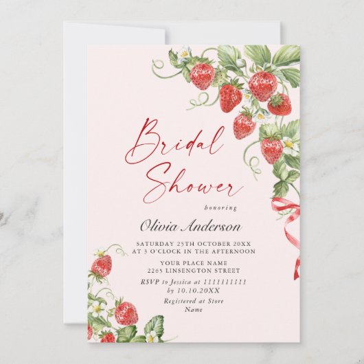 トレンディーウォーターカラーメドウイチゴブライダルシャワー 招待状 (正面)