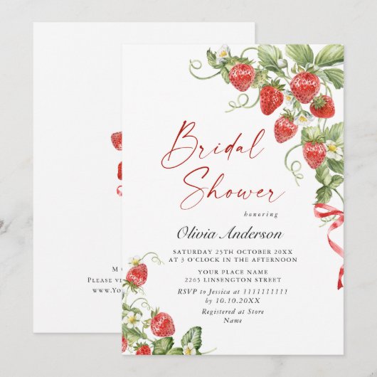 トレンディーウォーターカラーメドウイチゴブライダルシャワー 招待状 (正面/裏面)
