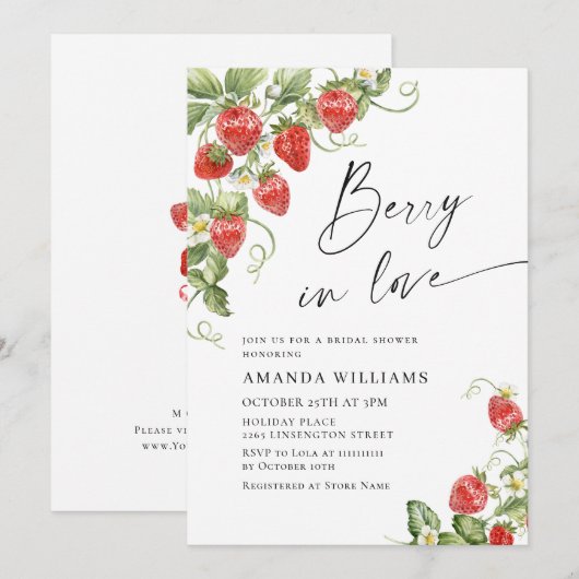 トレンディーウォーターカラーメドウイチゴブライダルシャワー 招待状 (正面/裏面)