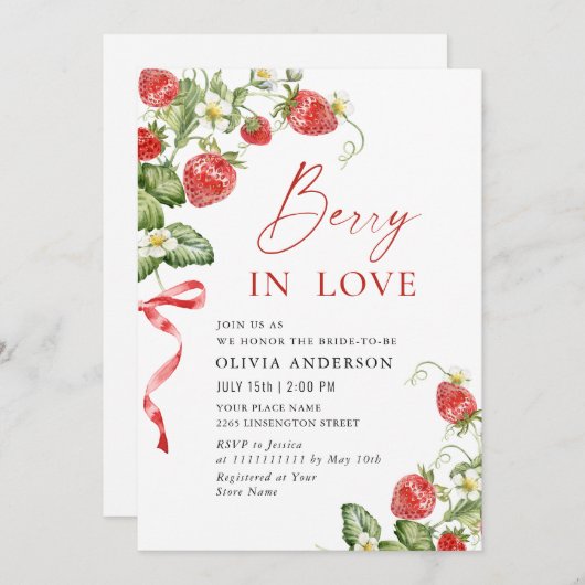 トレンディーウォーターカラーメドウイチゴブライダルシャワー 招待状 (正面/裏面)