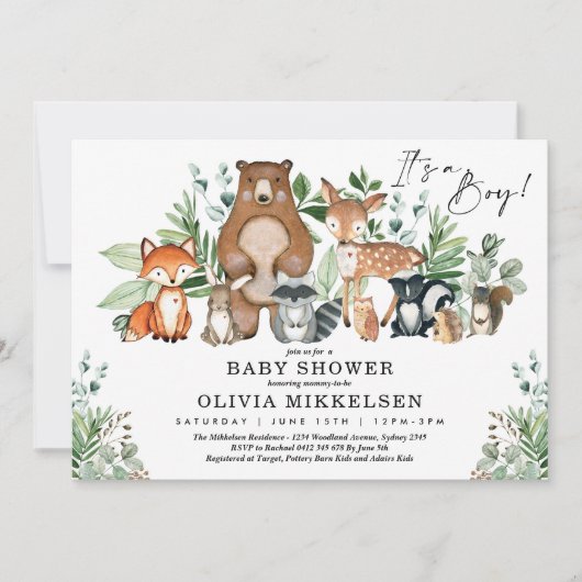 トレンディーウッドランドアニマルズフォレストボーイ赤ちゃんシャワー 招待状 (正面)