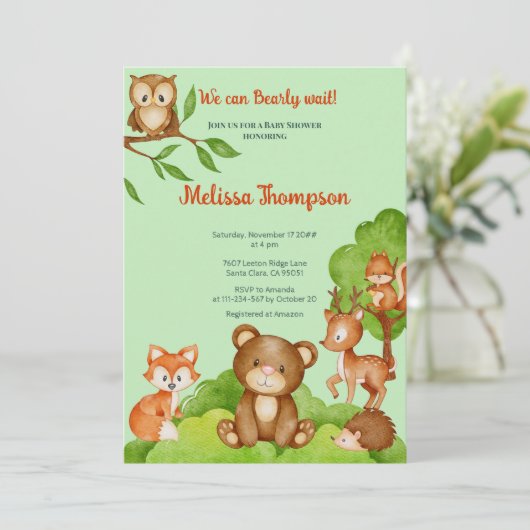 トレンディーウッドランド森林の友人の動物の赤ちゃんシャワー 招待状 (スタンド正面)