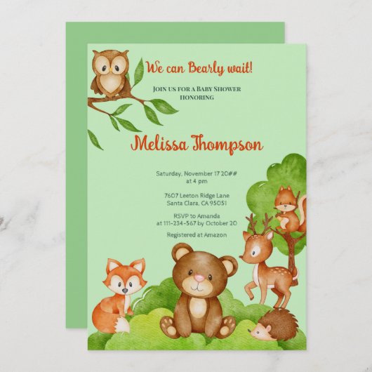 トレンディーウッドランド森林の友人の動物の赤ちゃんシャワー 招待状 (正面/裏面)