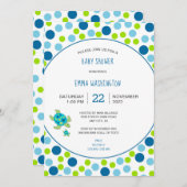 トレンディーウミガメ赤ちゃんシャワーブルーグリーンドット 招待状 (正面/裏面)