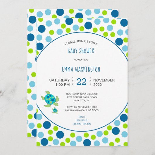 トレンディーウミガメ赤ちゃんシャワーブルーグリーンドット 招待状 (正面/裏面)