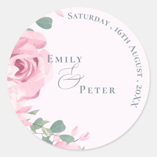トレンディーエレガントかわいらし赤面ピンク花模様結婚ズ ラウンドシール (正面)