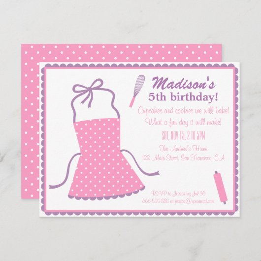 トレンディーエレガントエプロン料理ベーキング誕生日パーティー 招待状 (正面/裏面)