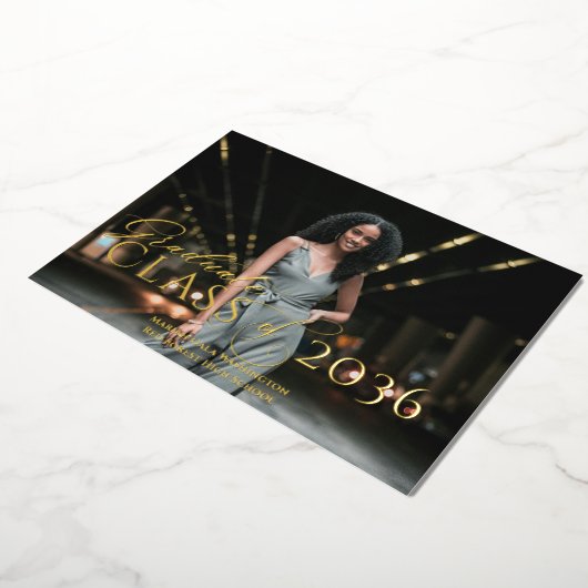 トレンディーエレガントクラシックスクリプト写真の卒業 箔招待状 (回転した状態)