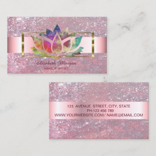 トレンディーエレガントグリッターストライプ金ゴールドフレームロータス 名刺 (正面/裏面)