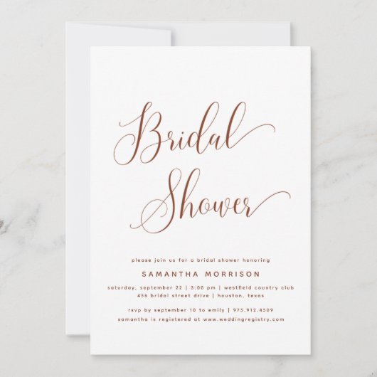 トレンディーエレガントスクリプトテラコッタブライダルシャワー 招待状 (正面)