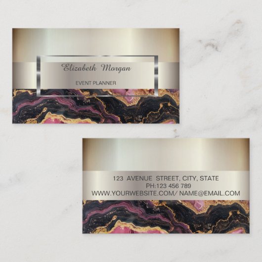 トレンディーエレガントストライプシルバーフレーム、バーガンディ大理石 名刺 (正面/裏面)