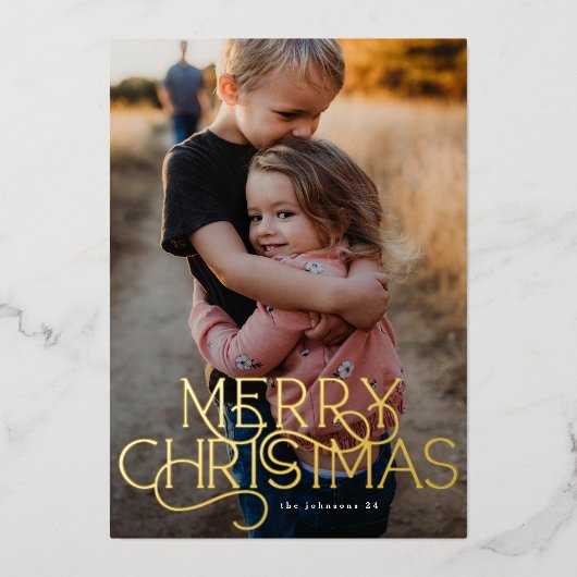 トレンディーエレガントタイポグラフィメリークリスマスフォト 箔シーズンカード (正面)