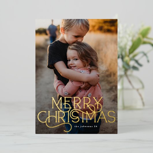 トレンディーエレガントタイポグラフィメリークリスマスフォト 箔シーズンカード (立ち正面)