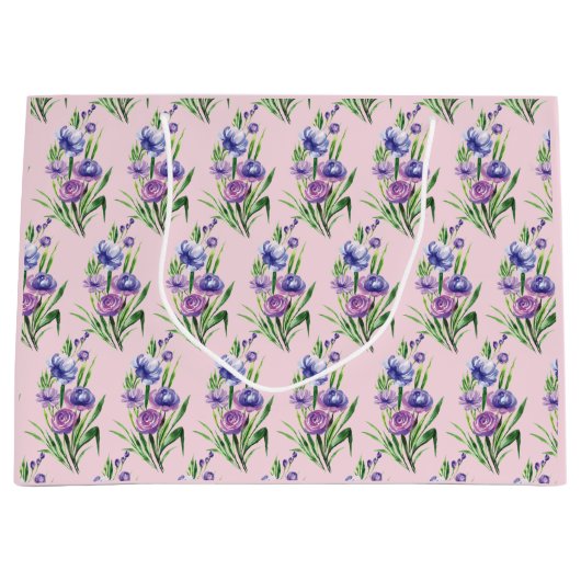 トレンディーエレガントパープルブルーフローラルパターン ラージペーパーバッグ (正面)