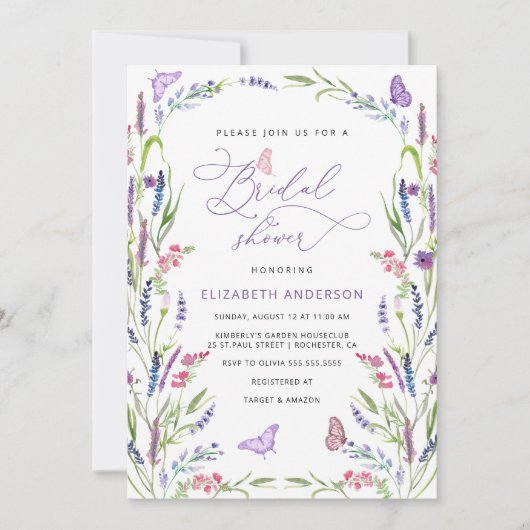 トレンディーエレガントフローララベンダーブライダルシャワー 招待状 (正面)