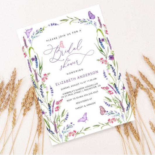 トレンディーエレガントフローララベンダーブライダルシャワー 招待状
