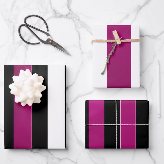 トレンディーエレガントマゼンタブラックとホワイトストライプ ラッピングペーパーシート (正面)