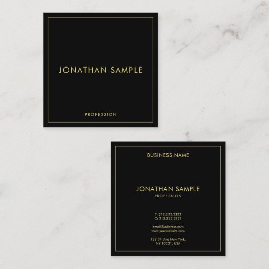トレンディーエレガントモダンフェイク金ゴールド文字ブラックカスタム スクエア名刺 (正面/裏面)