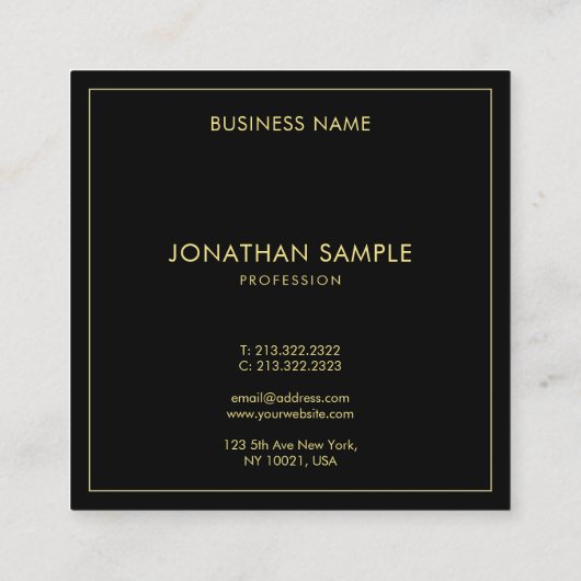 トレンディーエレガントモダンフェイク金ゴールド文字ブラックカスタム スクエア名刺 (裏面)