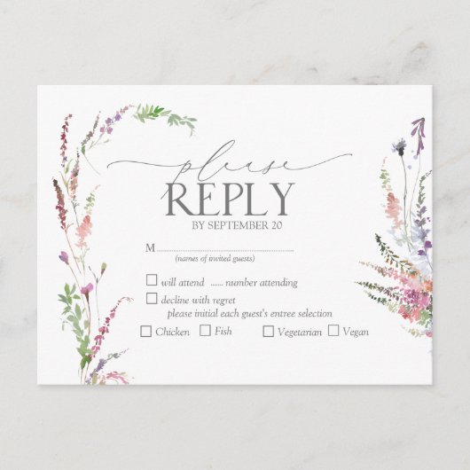 トレンディーエレガントワイルドフラワーフローラウェディングRSVP インビテーションポストカード (正面)