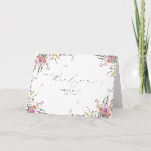 トレンディーエレガントワイルドフラワーフローラ結婚ズ・サンキュー カード (正面)