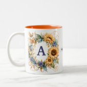 トレンディーエレガント水彩ひまわりモノグラム名 ツートーンマグカップ (左)