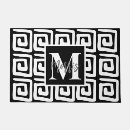 トレンディーエレガント白黒モノグラム・ギリシャ鍵 ドアマット