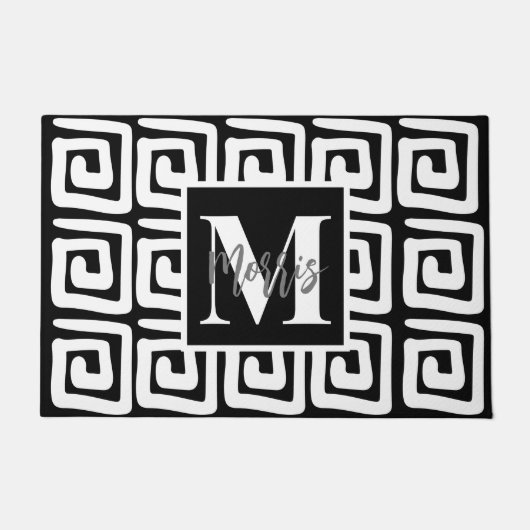 トレンディーエレガント白黒モノグラム・ギリシャ鍵 ドアマット (正面)