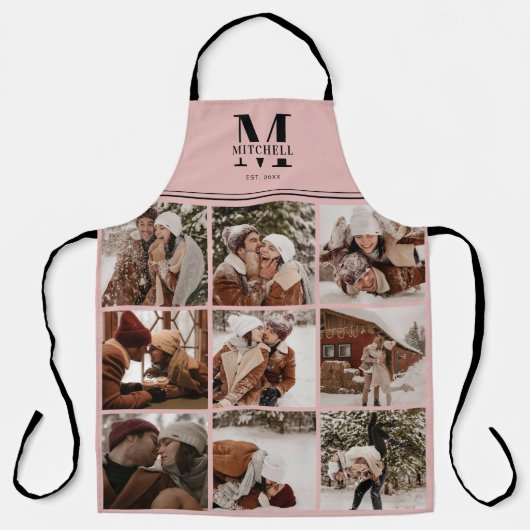 トレンディーエレガント赤面ピンクファミリーフォトコラージュ エプロン (正面)