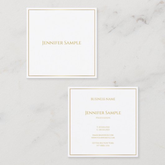 トレンディーエレガント金ゴールド文字ホワイトテンプレートモダン スクエア名刺 (正面/裏面)