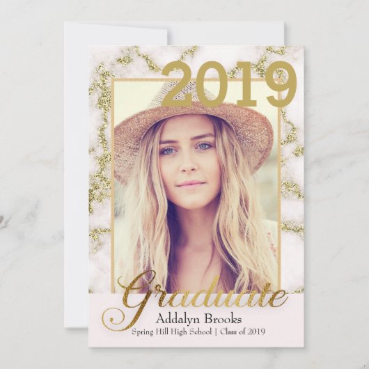 トレンディーエレガント金ゴールド白大理石の写真卒業 招待状 (正面)