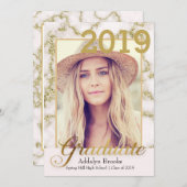 トレンディーエレガント金ゴールド白大理石の写真卒業 招待状 (正面/裏面)