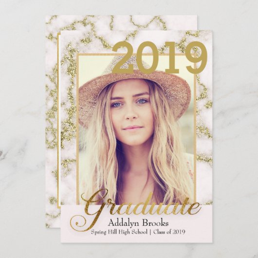 トレンディーエレガント金ゴールド白大理石の写真卒業 招待状 (正面/裏面)