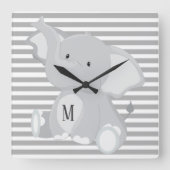 トレンディーエレファントモノグラム灰色と白ストライプ色 スクエア壁時計 (正面)