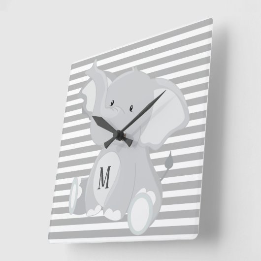 トレンディーエレファントモノグラム灰色と白ストライプ色 スクエア壁時計 (傾斜)
