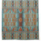 トレンディーオレンジブラウンターコイズティール（緑がかった色）ブルートライバルアート シャワーカーテン (正面)