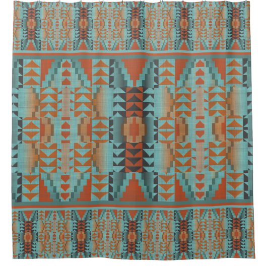 トレンディーオレンジブラウンターコイズティール（緑がかった色）ブルートライバルアート シャワーカーテン (正面)