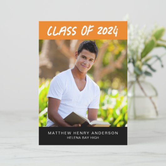 トレンディーオレンジブラック写真卒業 招待状 (スタンド正面)