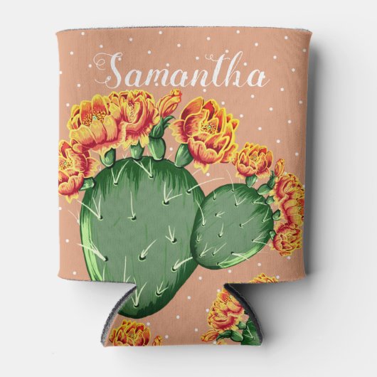 トレンディーオレンジ色の花とげのあるナシサボテン缶 缶クーラー (正面)