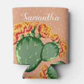 トレンディーオレンジ色の花とげのあるナシサボテン缶 缶クーラー (裏面)