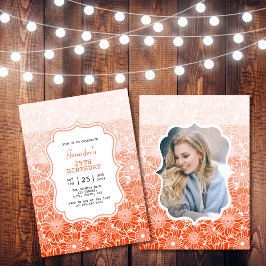 トレンディーオレンストライプジフローラフォト誕生日 招待状