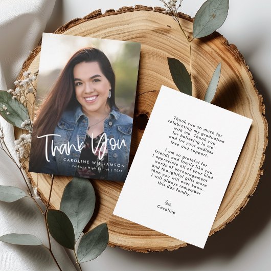 トレンディーカジュアル手書きスクリプト卒業写真 サンキューカード