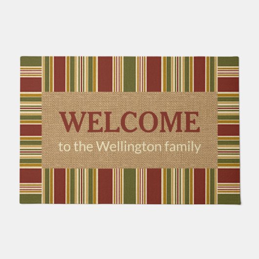 トレンディーカスタムレッドグリーンストライプヴィンテージ歓迎 ドアマット (正面)