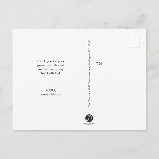 トレンディーカスタム写真第1誕生日ありがとう ポストカード (裏面)