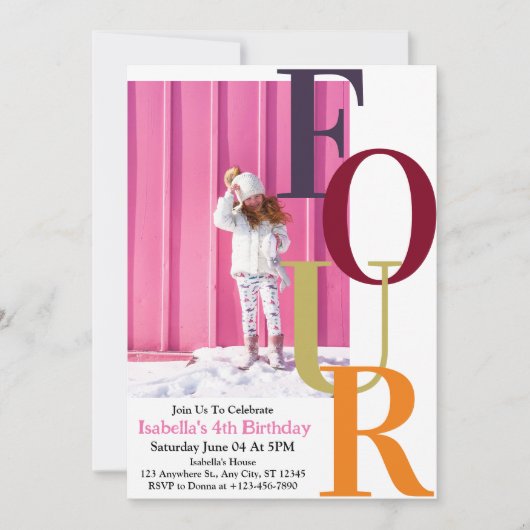 トレンディーカラフルガールフォー誕生日写真 招待状 (正面)