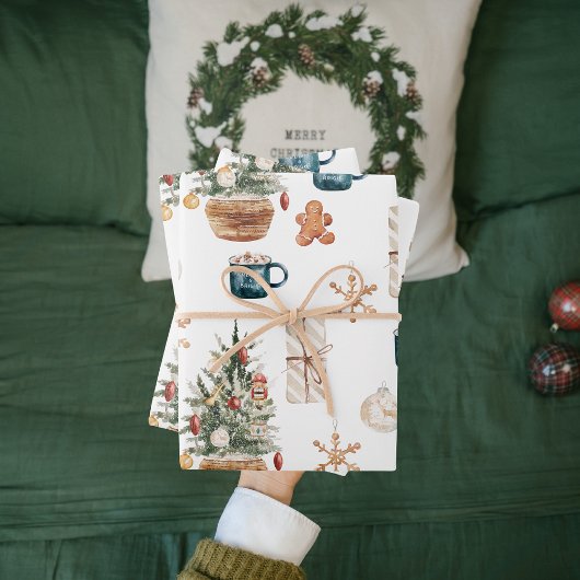 トレンディーカラフルクリスマスパターン |水彩 ラッピングペーパーシート