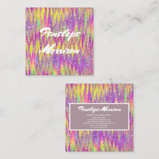 トレンディーカラフルグリッターメイクアップアーティスト&ヘア スクエア名刺 (正面/裏面)