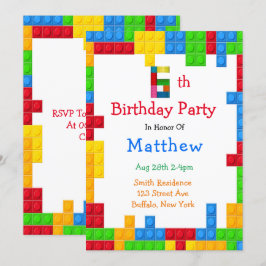 トレンディーカラフル建物ブロック6th誕生日パーティー 招待状