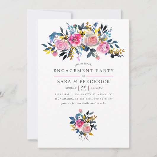 トレンディーカラーウェイウォーターカラーフローラ婚約パーティ 招待状 (正面)