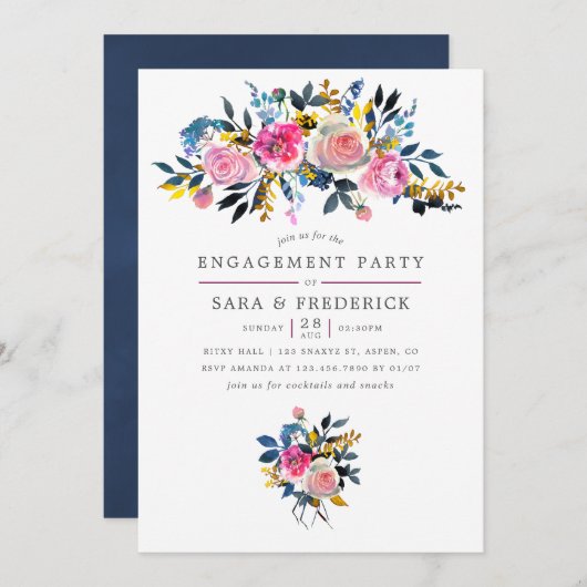 トレンディーカラーウェイウォーターカラーフローラ婚約パーティ 招待状 (正面/裏面)